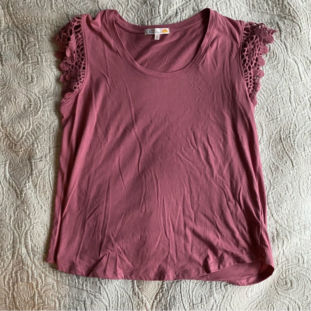 C&C California Women's Pink Lace Sleeve Top Dusty Rose Embroidered Sleeves Sz M